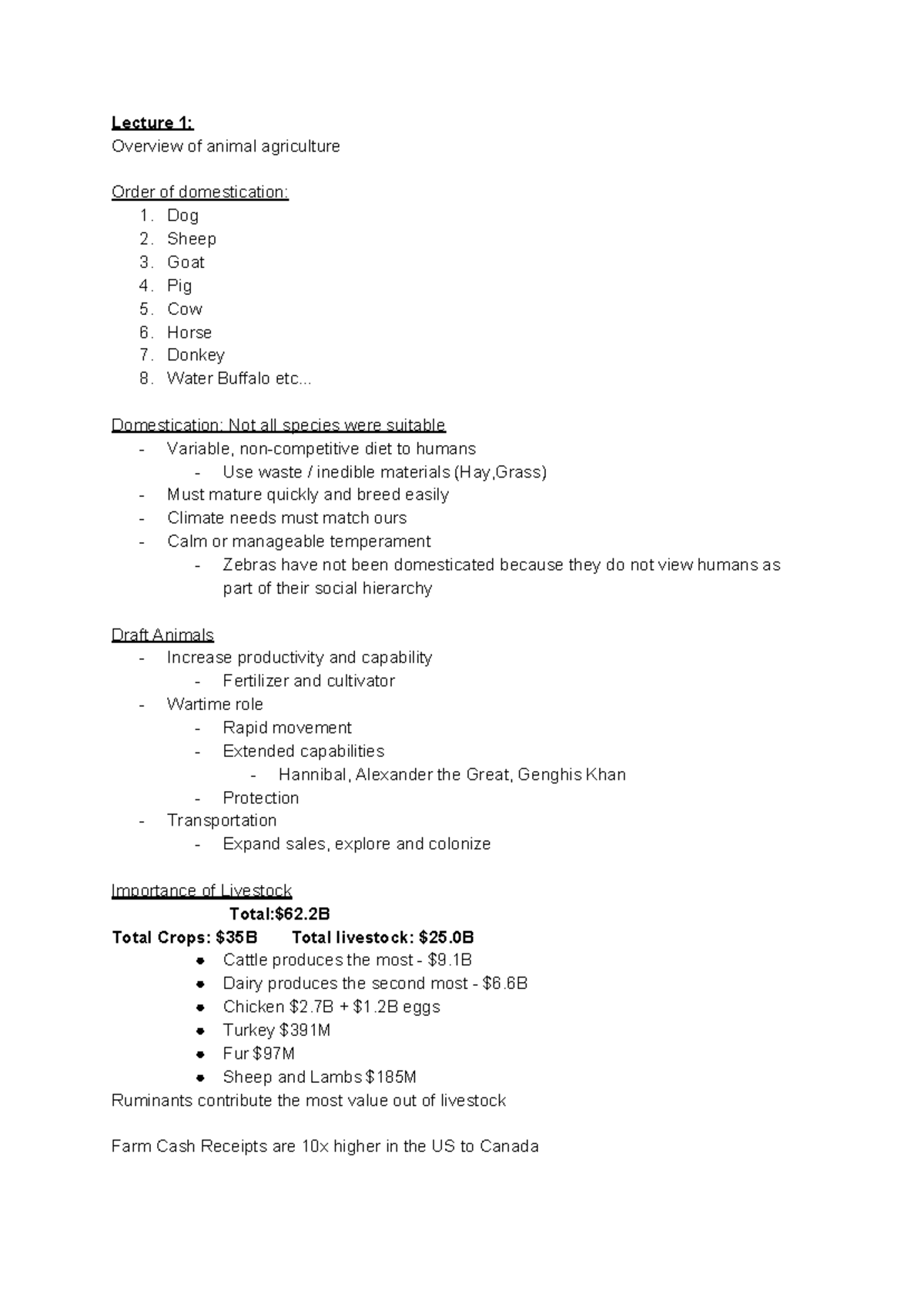 AGR Module 2 Notes - Lecture 1: Overview of animal agriculture Order of ...