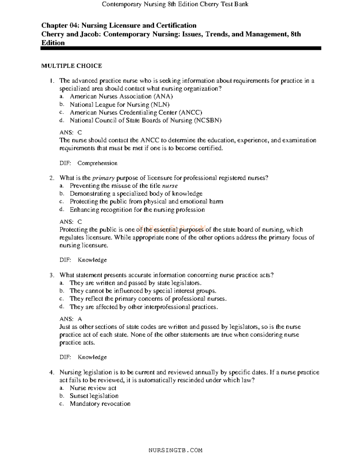 04 - Test Bank - NURSINGTB Chapter 04: Nursing Licensure And ...