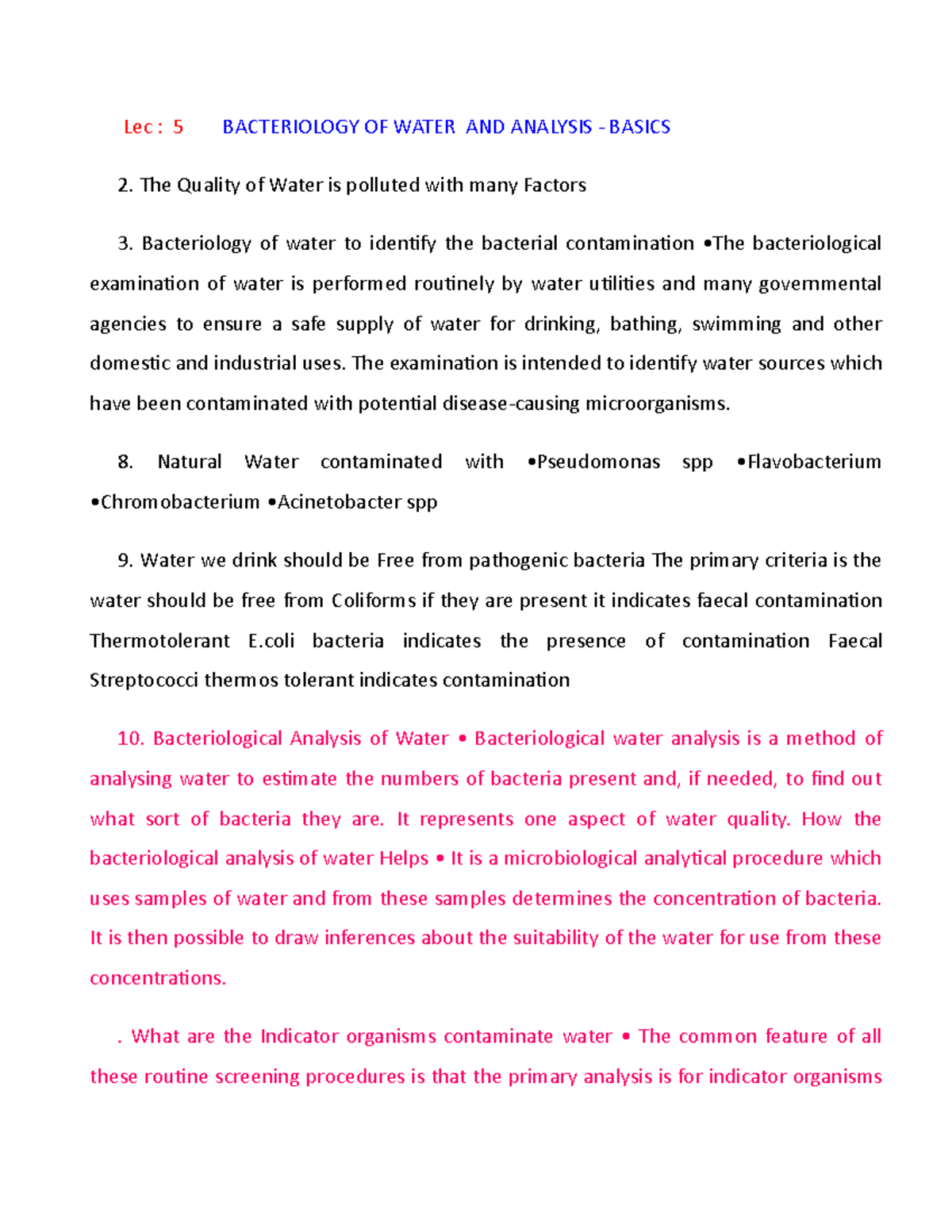 Analysis of water Lec 5 BACTERIOLOGY OF WATER AND ANALYSIS BASICS