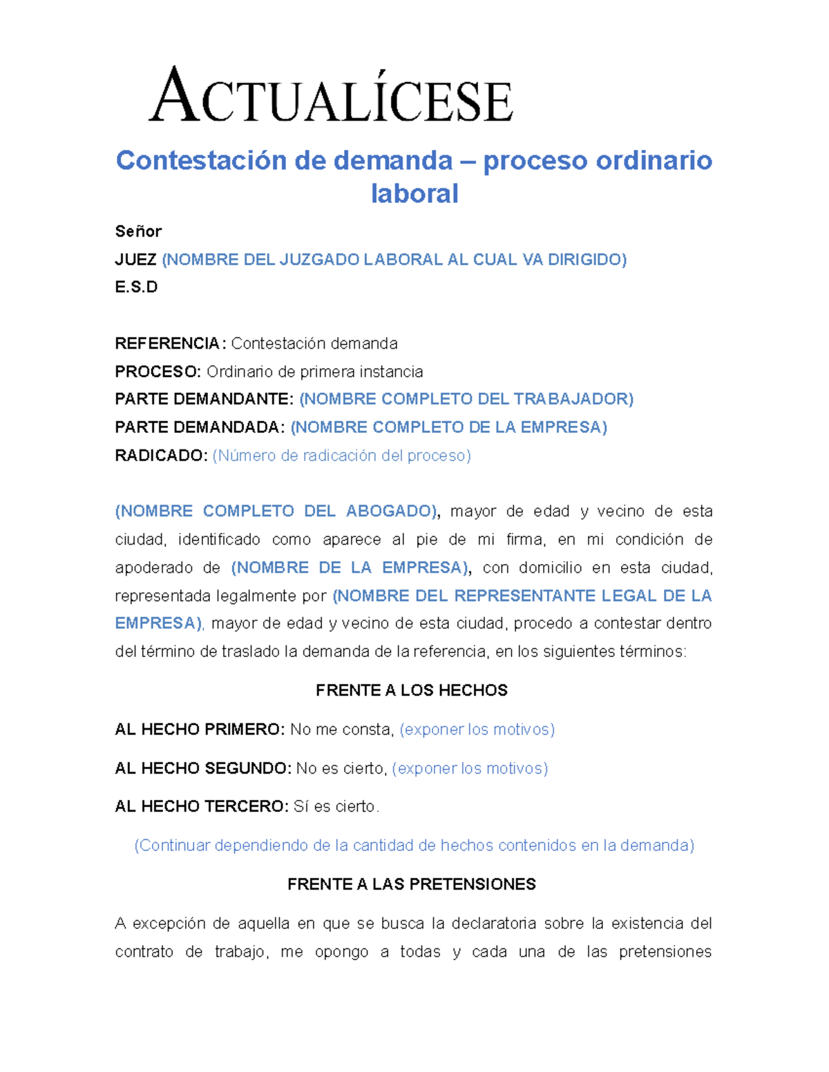 Modelo-contestacion-demanda - Contestación De Demanda – Proceso ...