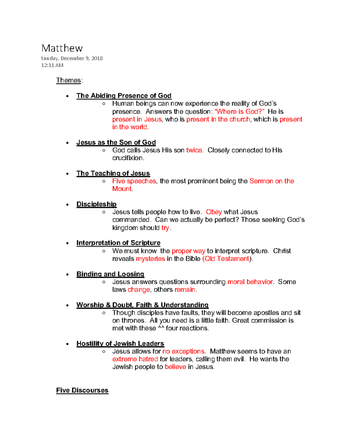 Gospel of Matthew Overview Matthew Sunday, December 9, 2018 1211 AM