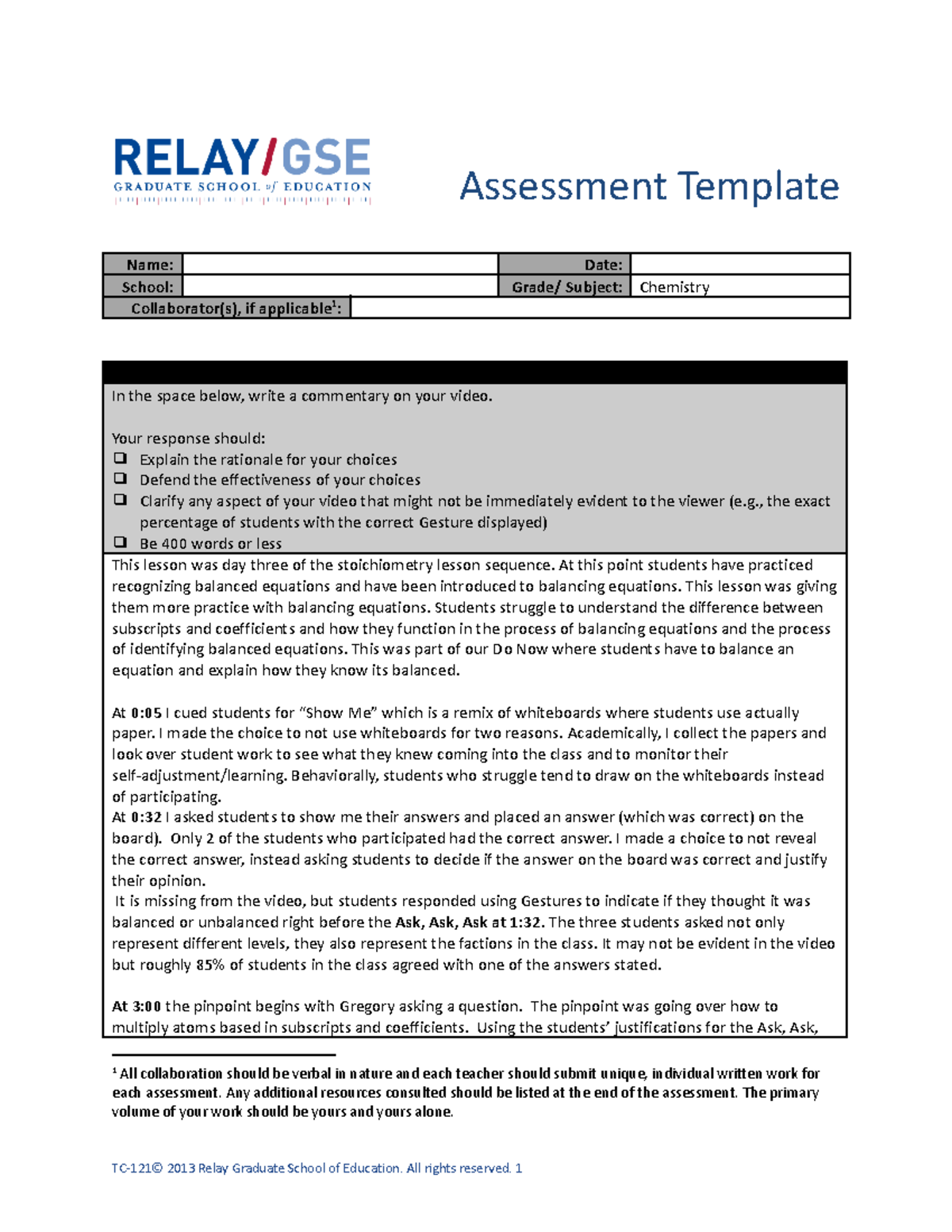 TC-121 Final Assessment - Assessment Template Name: Date: School: Grade ...