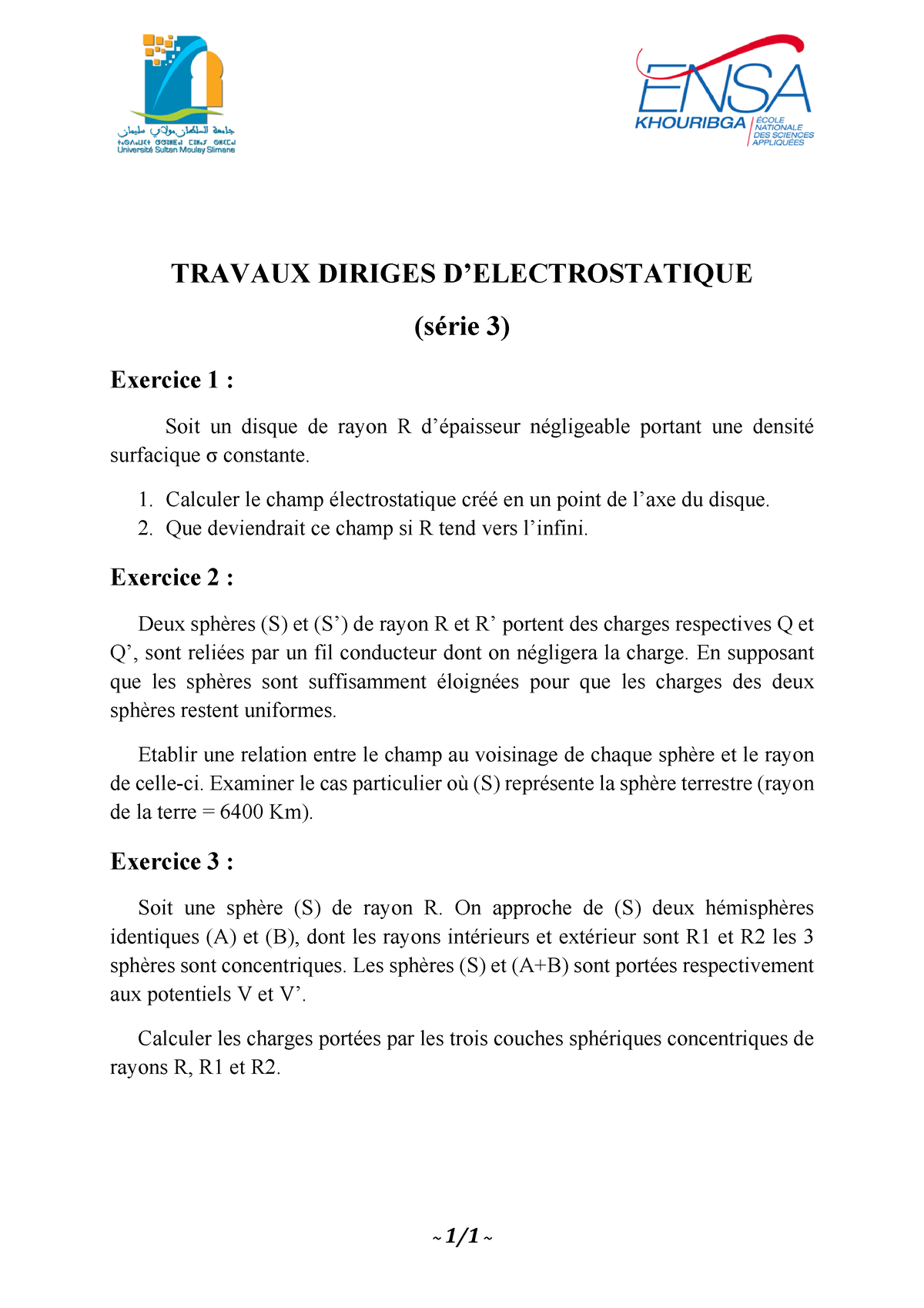 TRAVAUX DIRIGES D’ELECTROSTATIQUE (série 3) - ~ 1/1 ~ TRAVAUX DIRIGES D ...