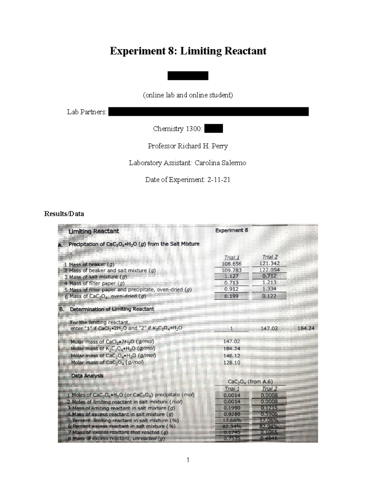 Experiment 8 Jayson Deese Experiment 8 Limiting Reactant Jayson Deese lab and online