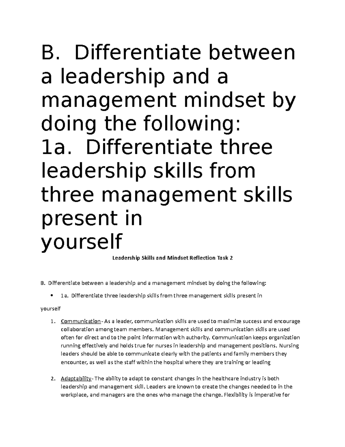 D218 Task 2 - coursework - B. Differentiate between a leadership and a ...