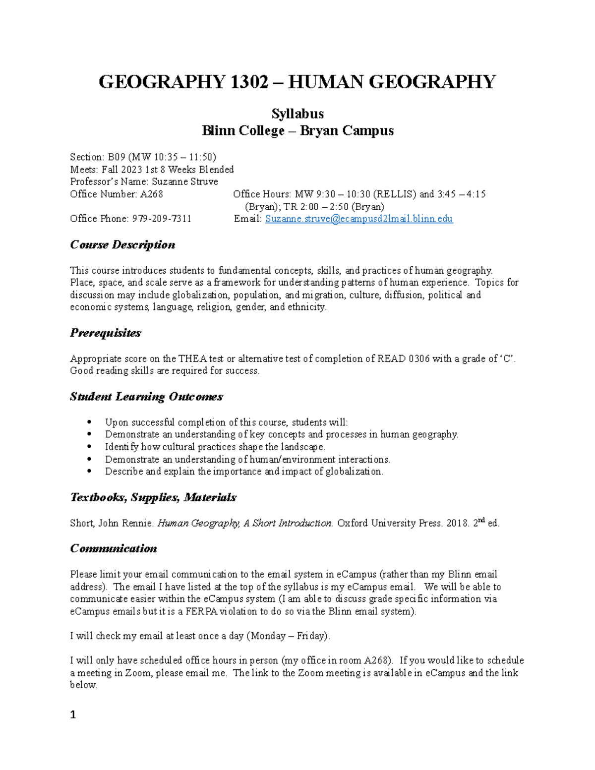 Geog 1302 Syllabus Fall 2023 2nd 8 Weeks GEOGRAPHY 1302 HUMAN GEOGRAPHY Syllabus Blinn