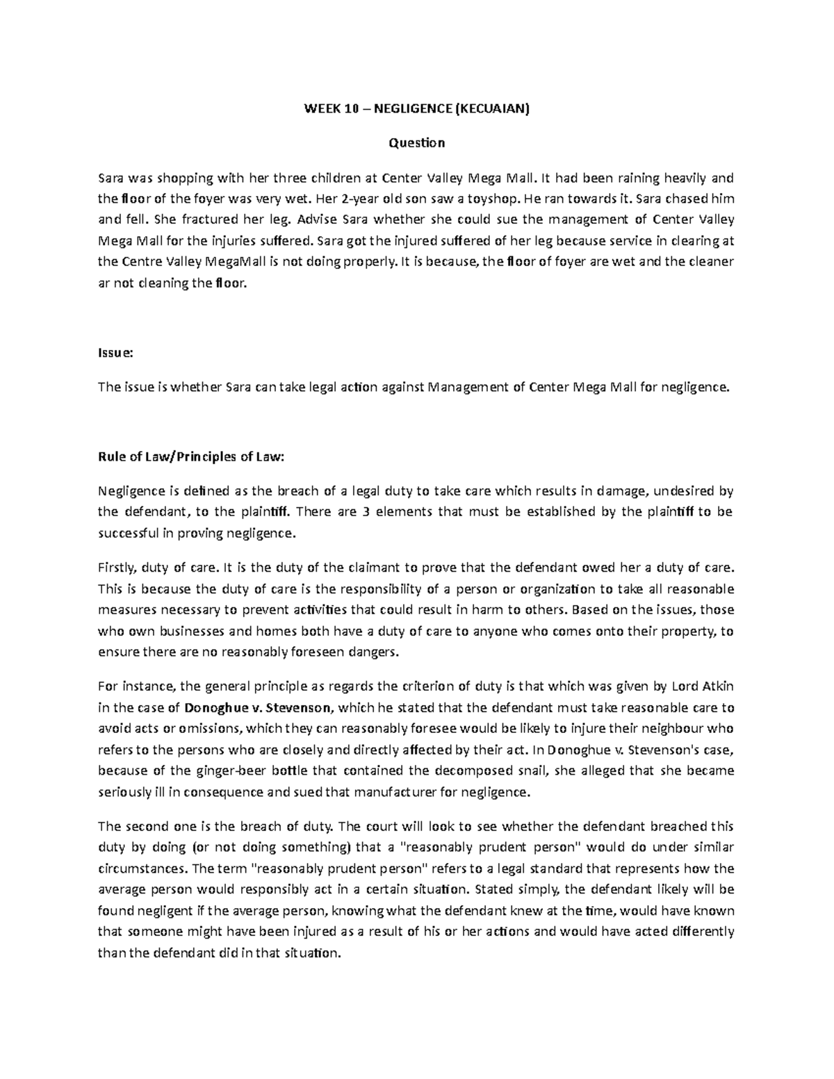Week 10 Negligence Kecuaian Week 10 Negligence Kecuaian Quesion Sara Was Shopping With Studocu
