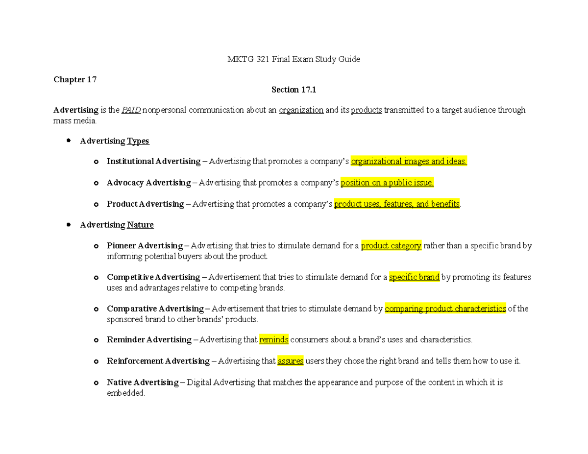 MKTG 321 Final Exam Study Guide - MKTG 321 Final Exam Study Guide ...