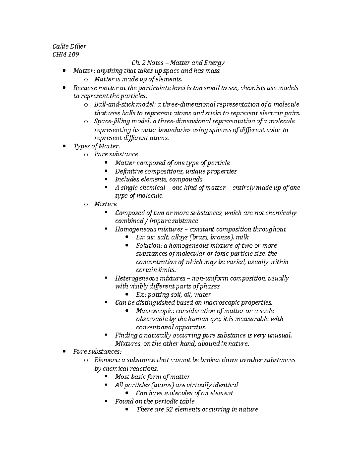 CHM 109 - Ch.2 Notes - Professor: Rachel Driscoll - Callie Diller CHM ...