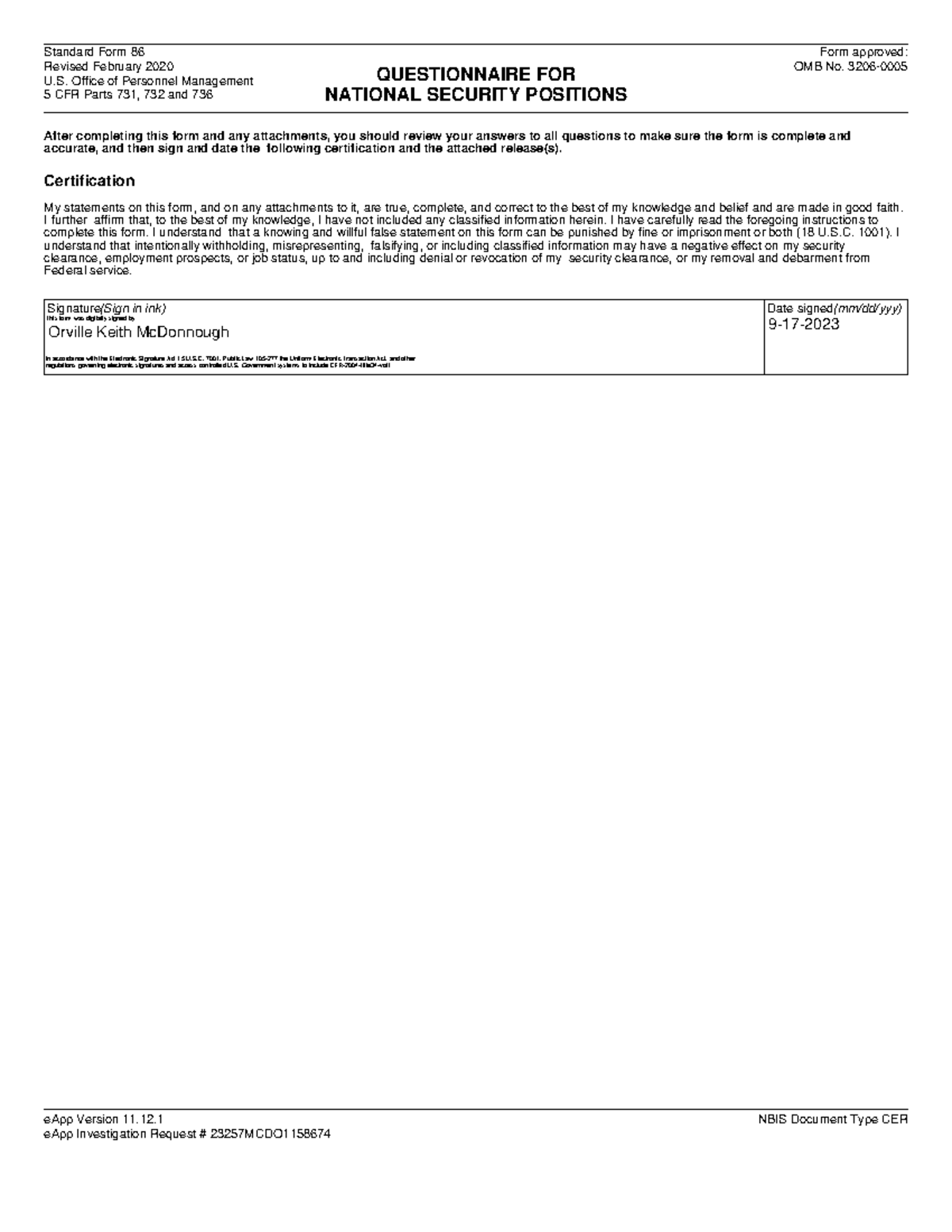 Signatureform ,C ,C ,C,C Standard Form 86 Revised February 2020 U
