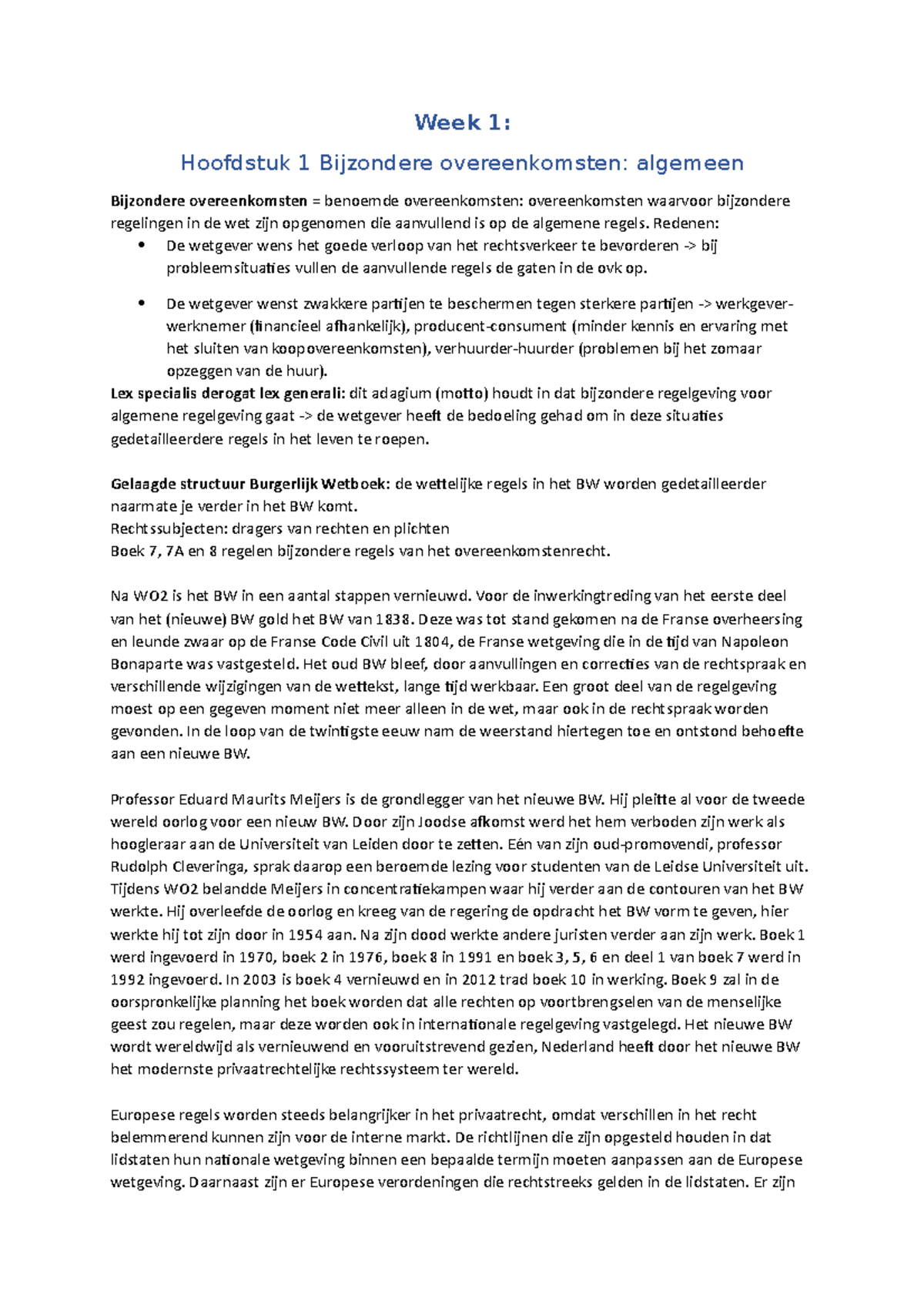 Samenvatting - Bijzondere Overeenkomsten - Week 1 Bijzondere ...