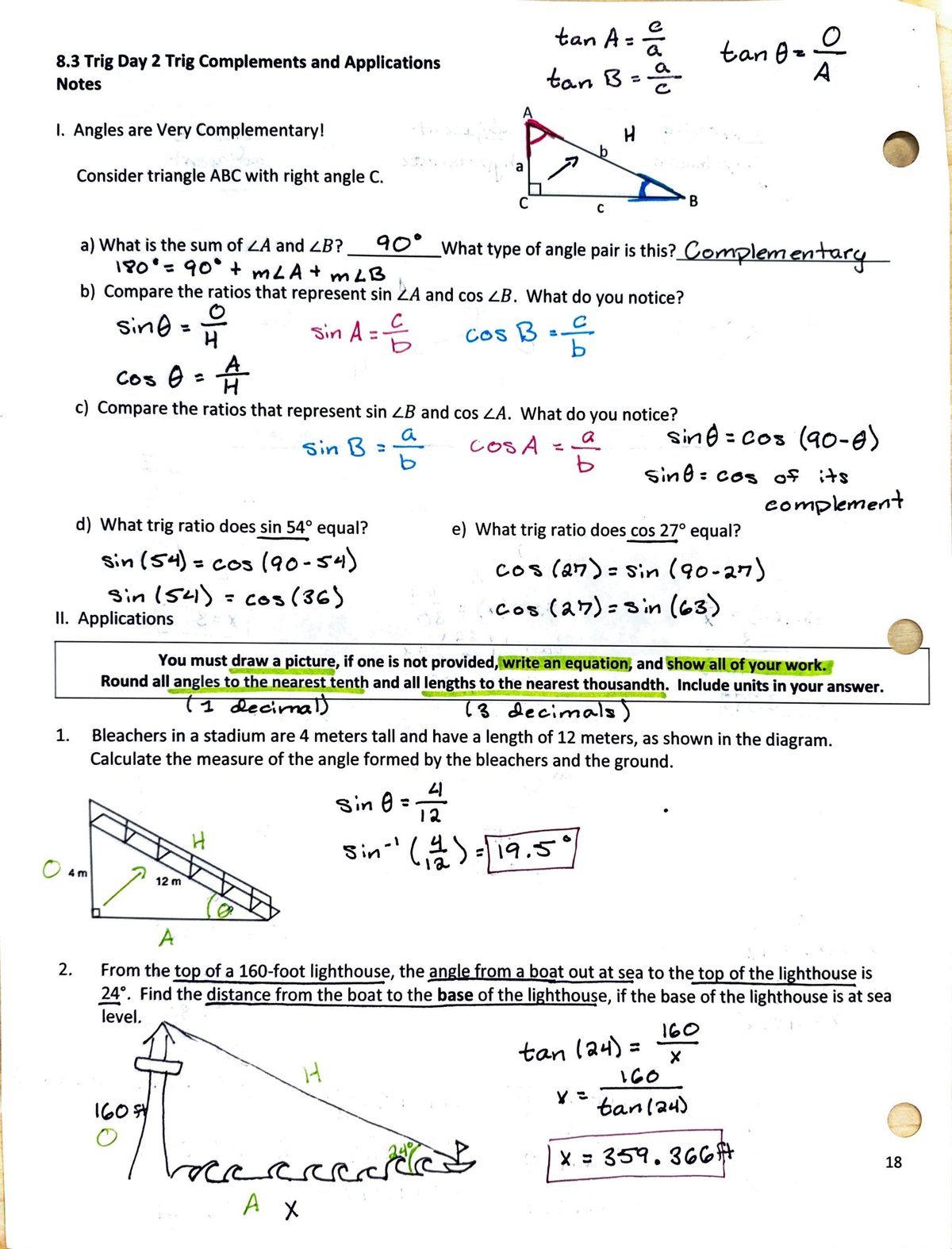 8.3 Trigonometric Ratios Notes - I 8 Trig Day 2 Trig Complements and ...