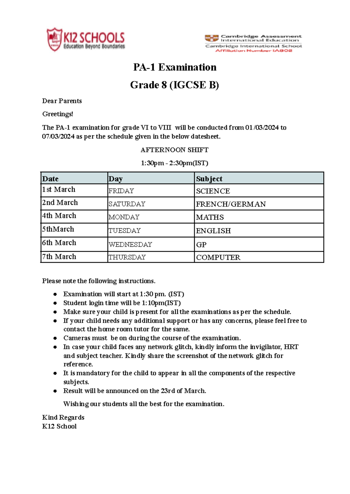 Gr 8 IG B PA - 1 Schedule and syllabus.docx - PA-1 Examination Grade 8 ...