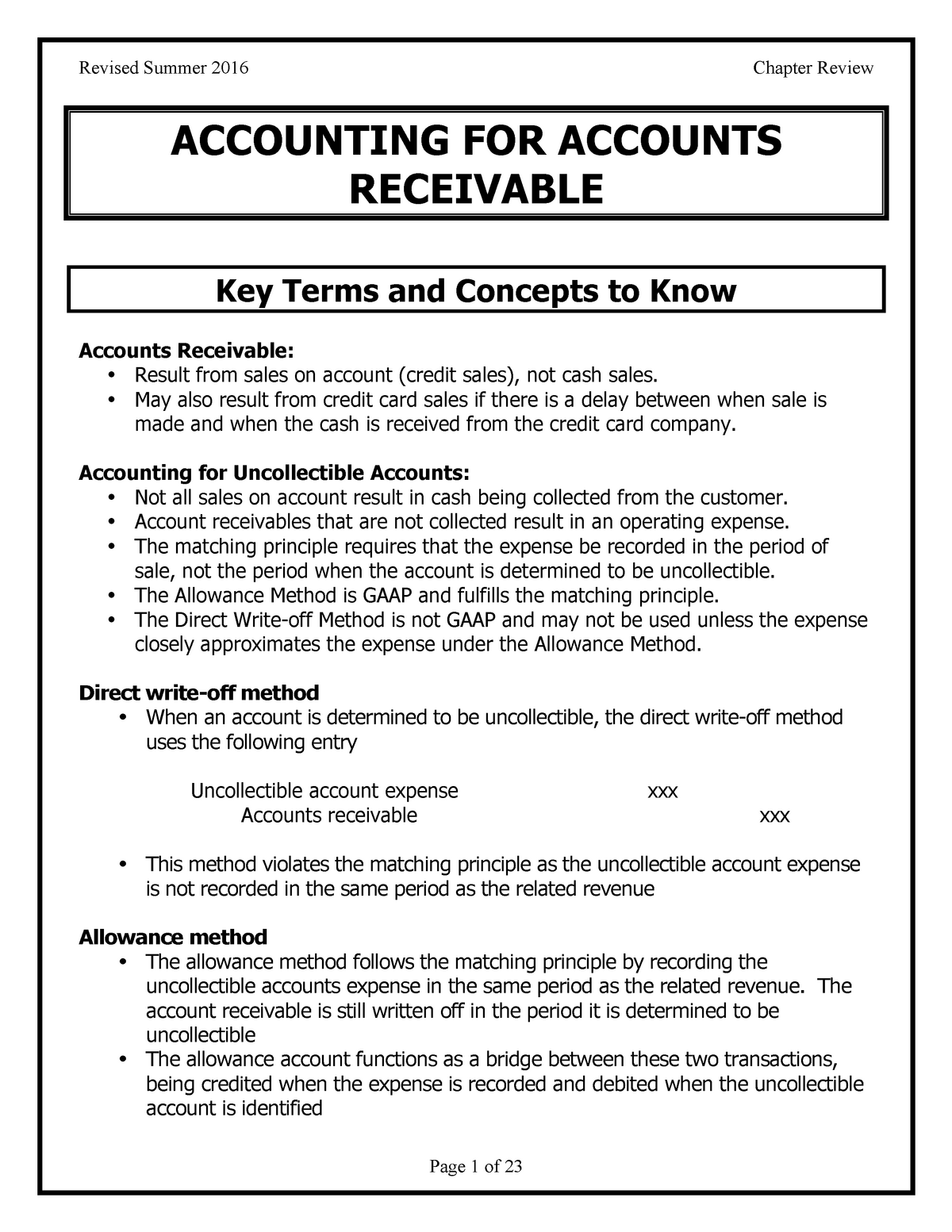 Accounting For Accounts Receivable - Revised Summer 2016 Chapter Review ...