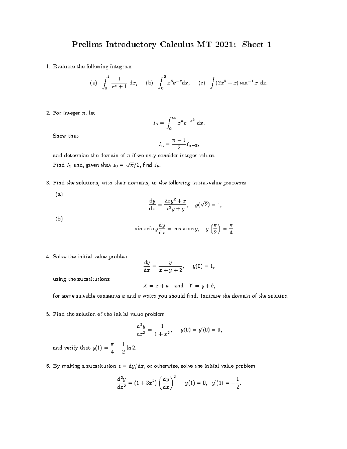 Prelims Calculus Sheet 1 - Prelims Introductory Calculus MT 2021: Sheet ...