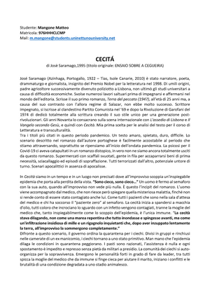 Cecità - analisi narratologica - Studente: Mangone Matteo Matricola:  976HHHCLCMP Mail: - Studocu