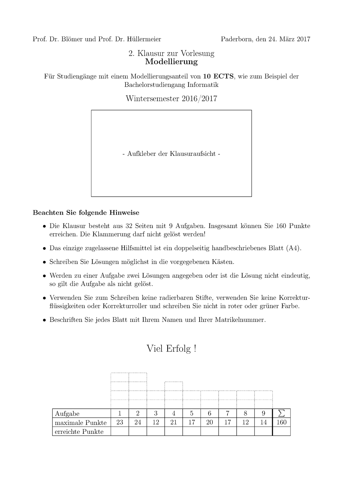 Klausur 2016, Fragen - Prof. Dr. Blömer Und Prof. Dr. Hüllermeier ...