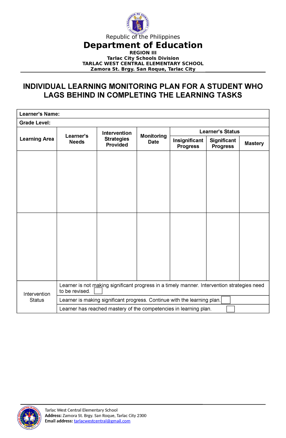 ILMP-template - CAN USE FOR ONLINE TEACHING - Tarlac West Central ...