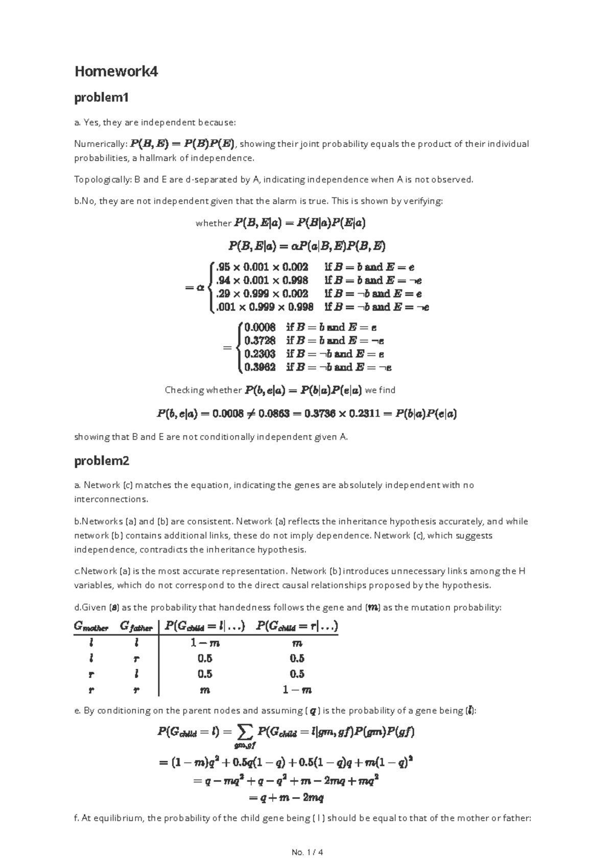 Homework 4 - Homework problem a. Yes, they are independent because ...