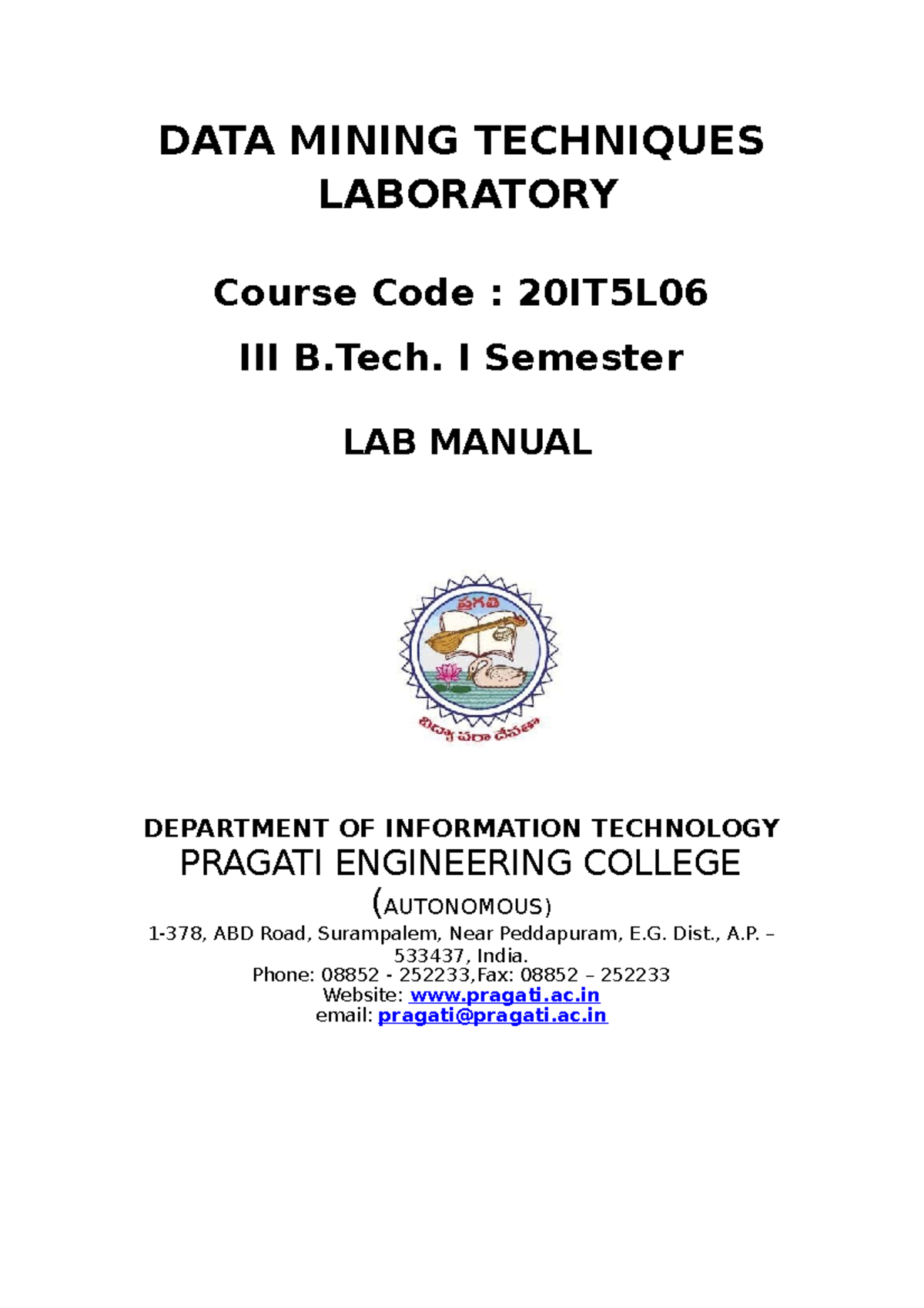DATA Mining Techniques Manual DATA MINING TECHNIQUES LABORATORY