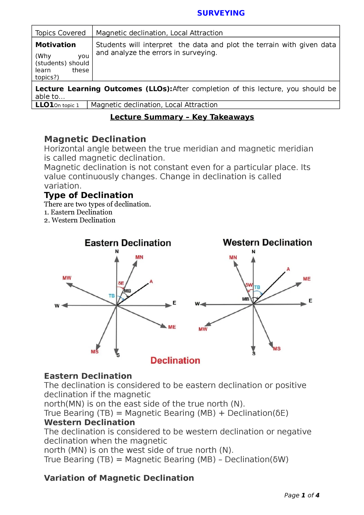 Magnetic Declination, Local Attraction. - Topics Covered Magnetic ...