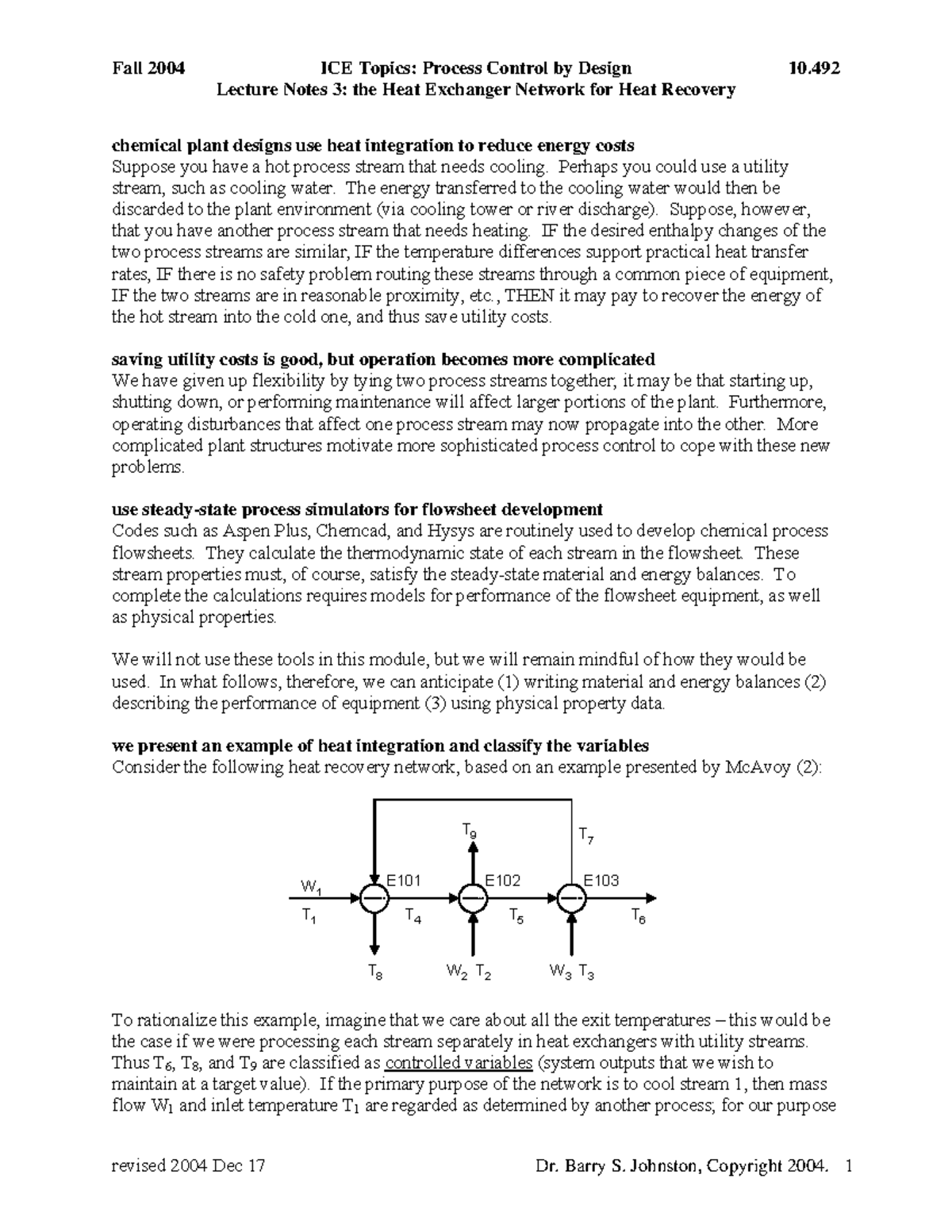 The Heat Exchanger Network for Heat Recovery - Lecture Notes 3: the ...