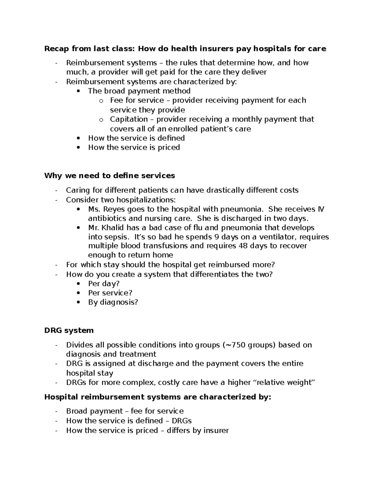 Reimbursement Cont. And Cost - Recap From Last Class: How Do Health ...