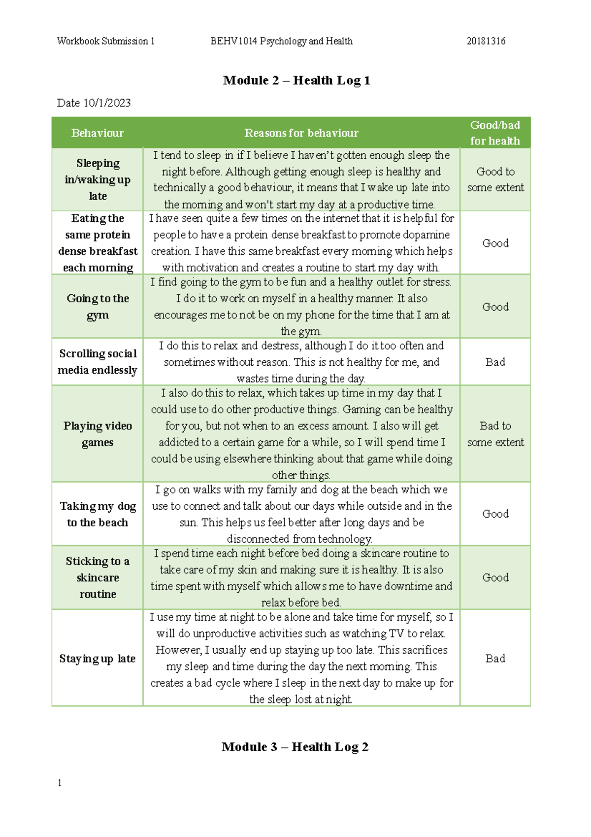 Workbook 1 - BEHV1014 - Module 2 – Health Log 1 Date 10/1/ Behaviour ...