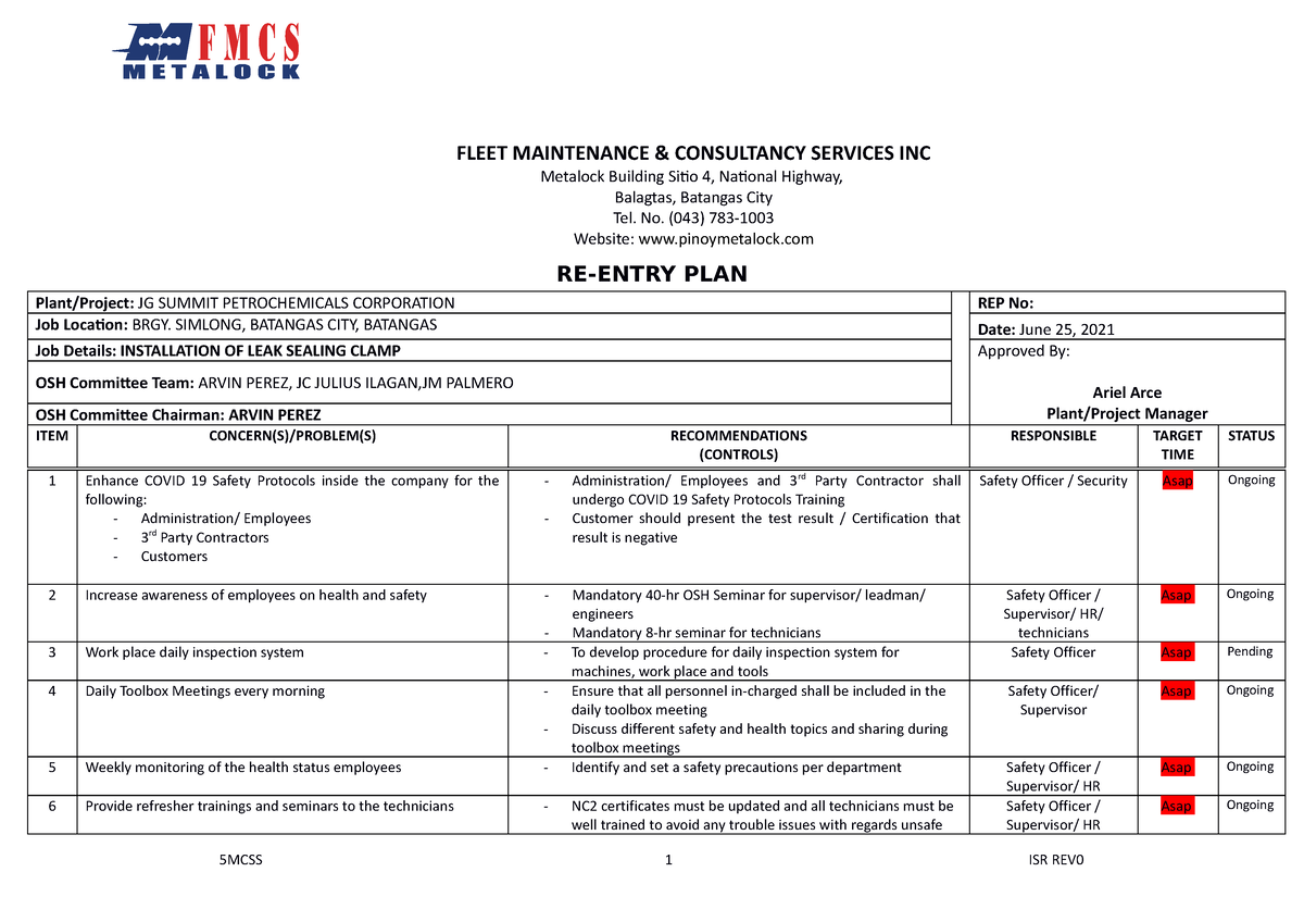 WS7 RE Entry PLAN FORM FMCS - RE-ENTRY PLAN Plant/Project: JG SUMMIT ...
