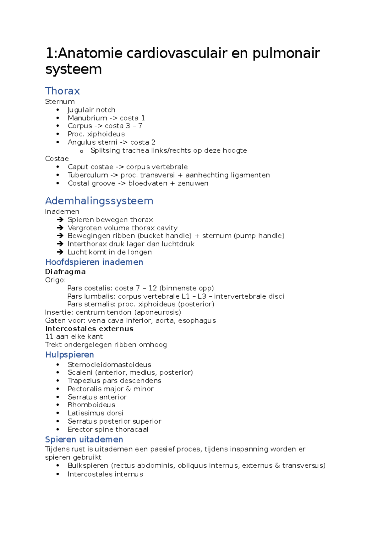 Hillegass aantekeningen - 1:Anatomie cardiovasculair en pulmonair ...