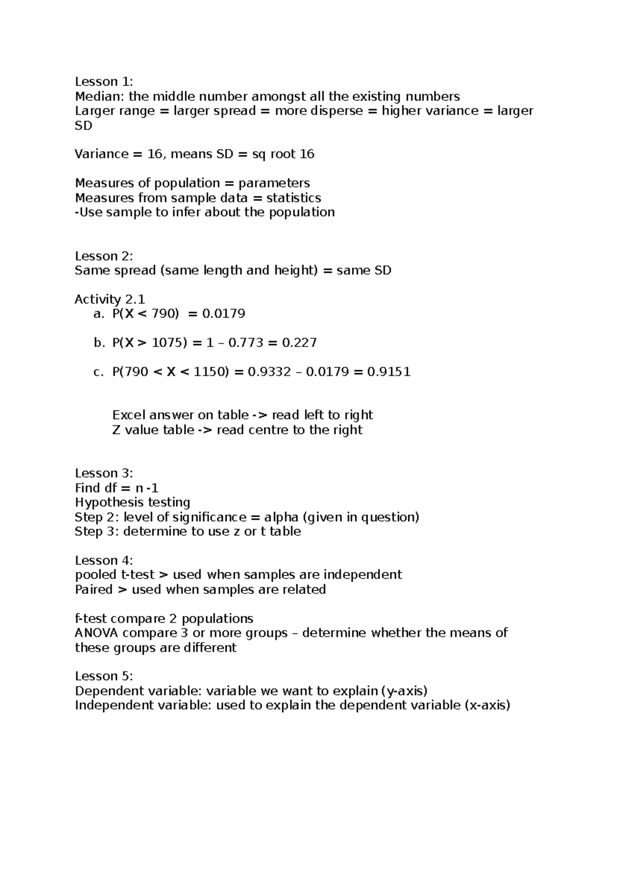 Stats notes - Lesson 1: Median: the middle number amongst all the ...