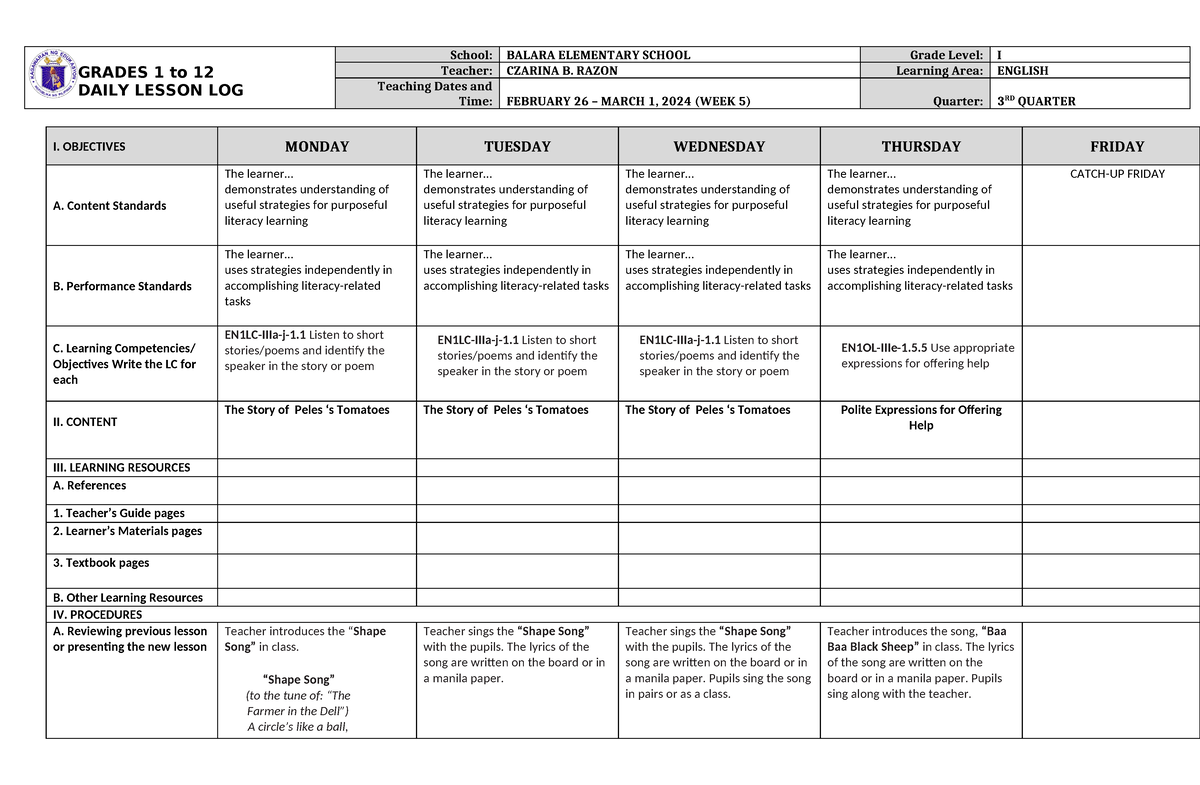 DLL English-1 Q3 W5 - A Daily Lesson Log On English - GRADES 1 To 12 ...