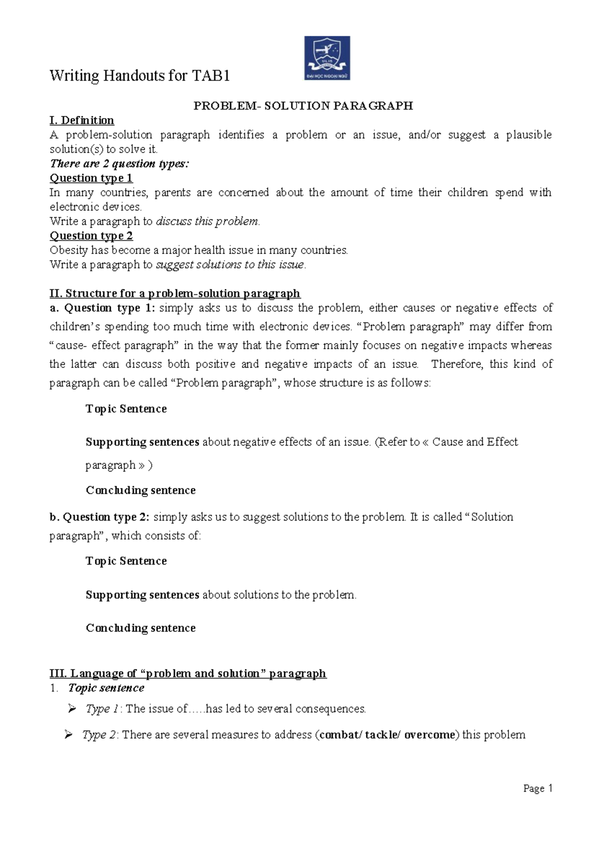 Writing handout 7 Problem Solution Paragraph - PROBLEM- SOLUTION ...