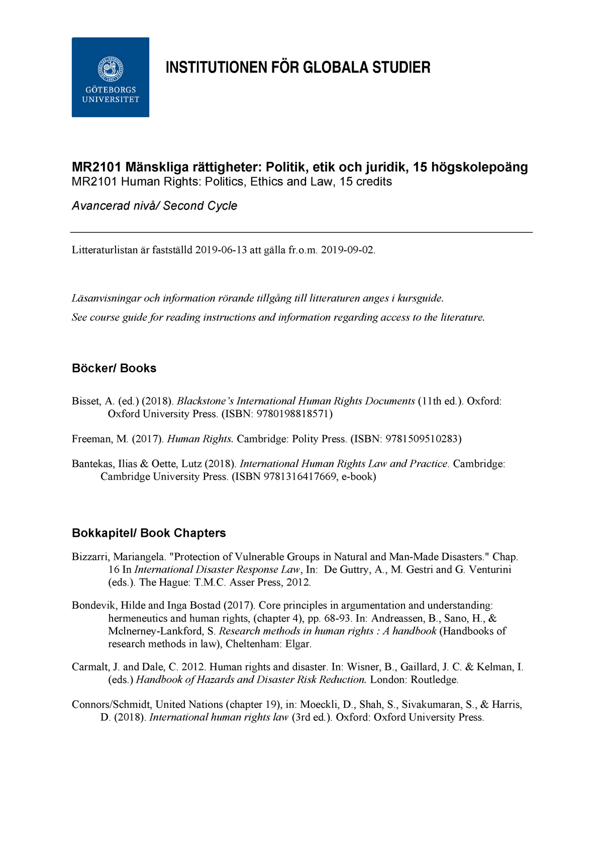 MR2101 - Litteraturlista - INSTITUTIONEN FÖR GLOBALA STUDIER MR2101 ...