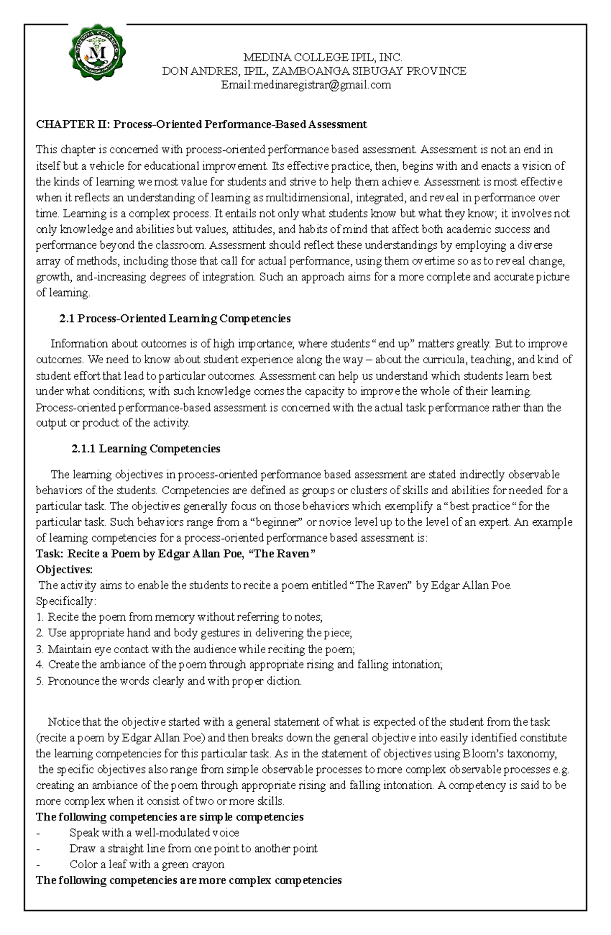 CHAPTER II Process Oriented Performance Based Assessment MEDINA 