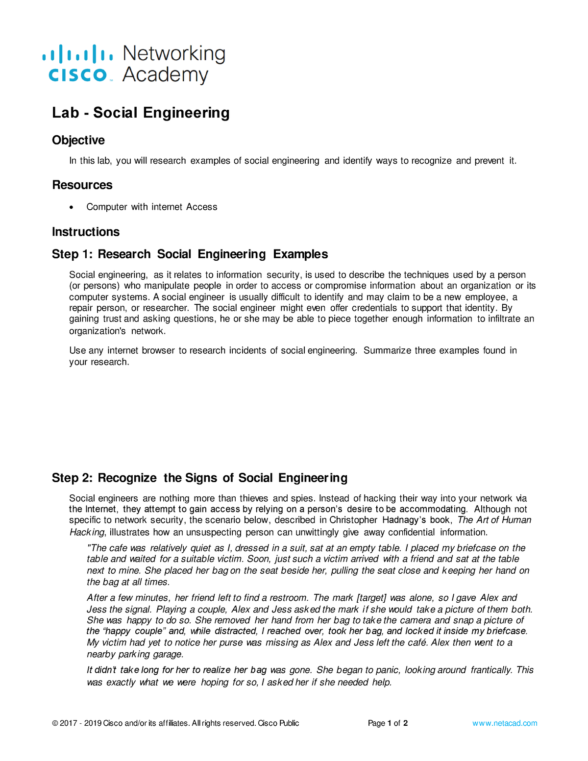 Lab Module 2a Social Engineering © 2017 2019 Cisco and/or its