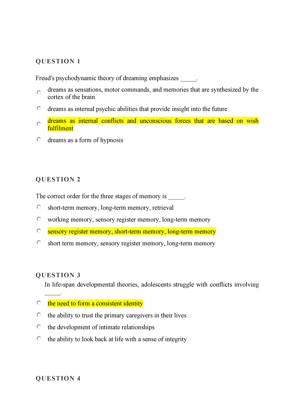 PSY1012 Week 2 Midterm Exam - QUE STI ON 1 Freud's Psychodynamic Theory ...