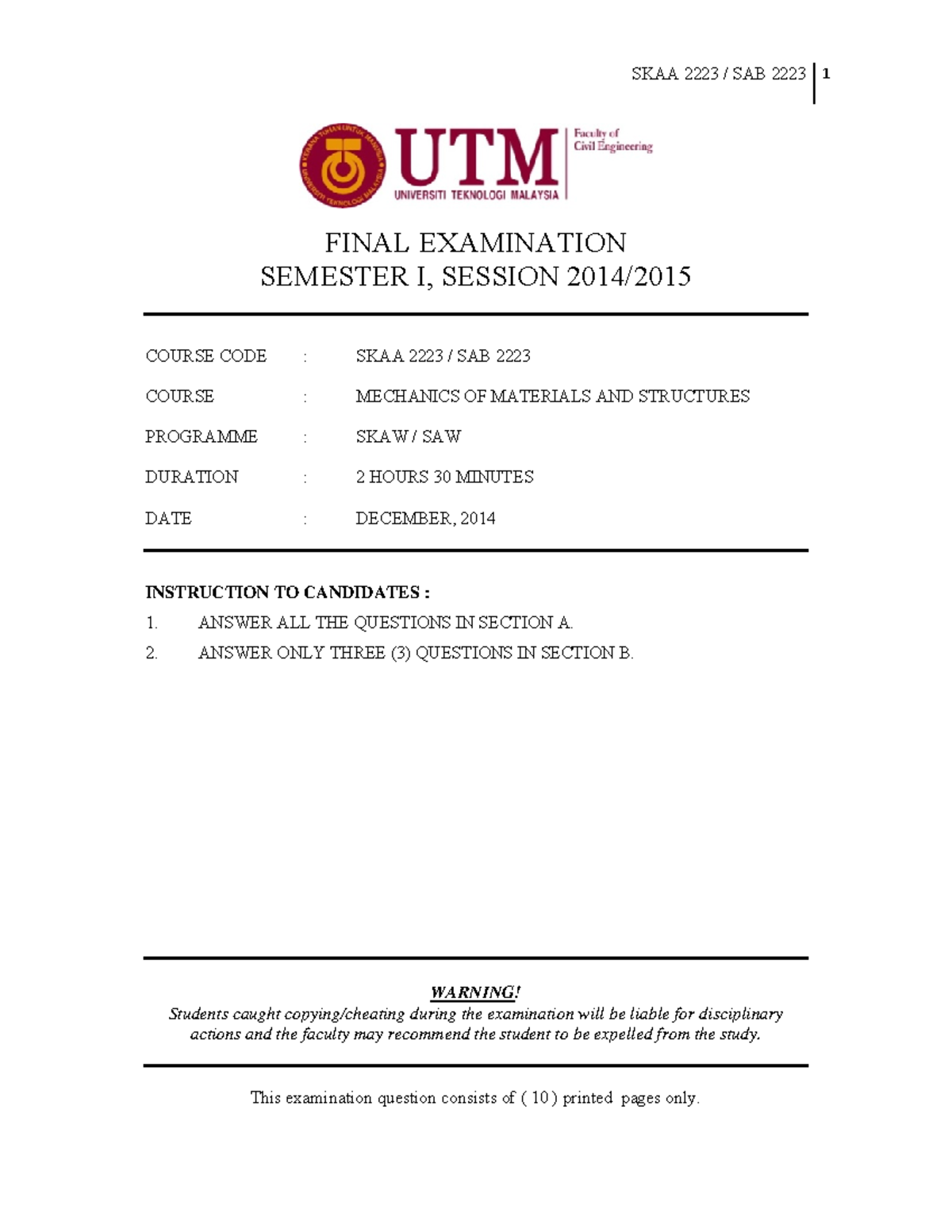 Exam January 2015, questions - SKAA SAB 1 FINAL EXAMINATION SEMESTER I ...