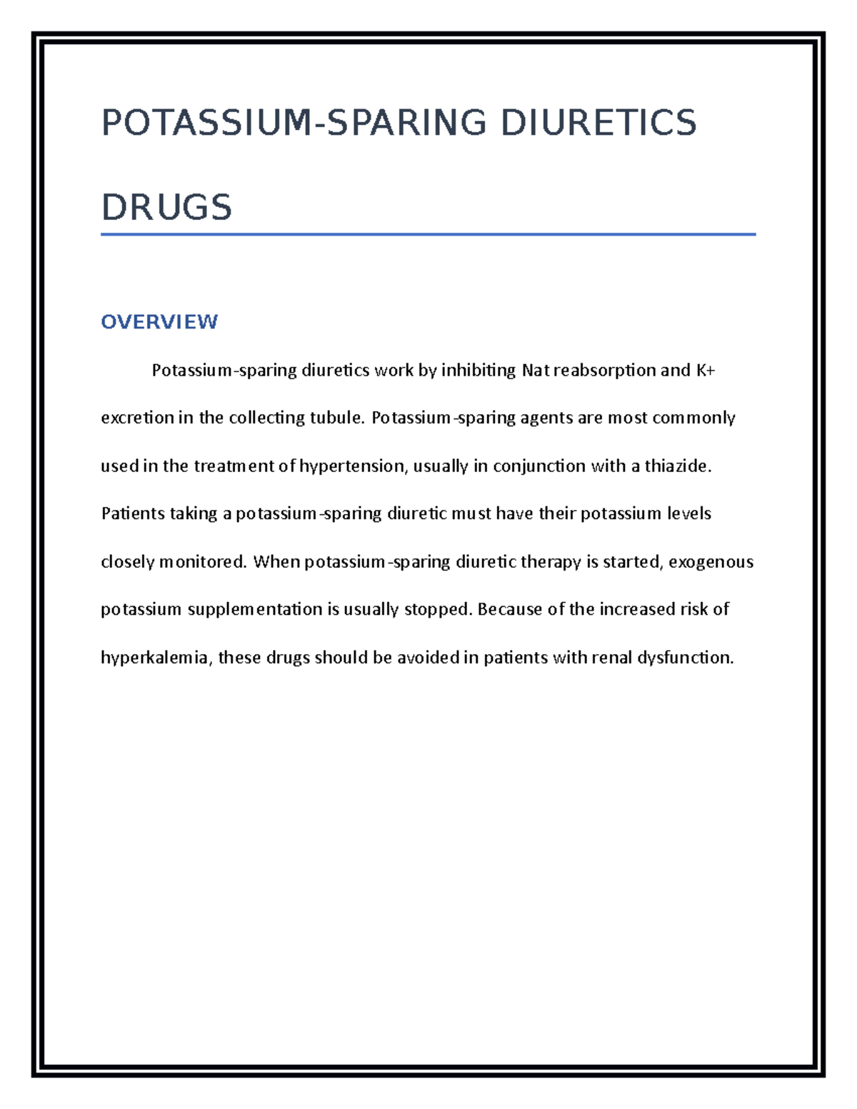 Overview OF Potassium Sparing Diuretics Drugs POTASSIUMSPARING
