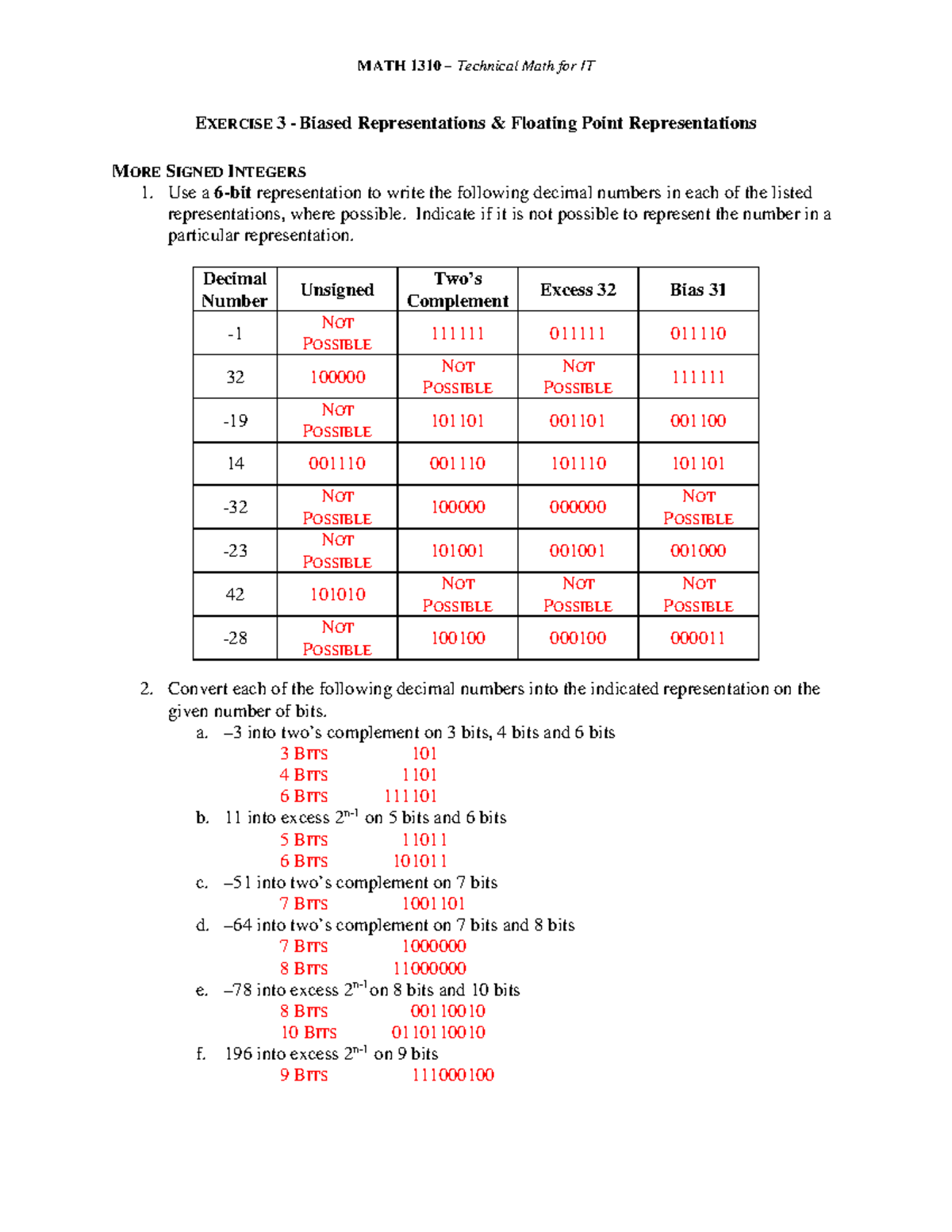 Exercise 3 - Biased Representations and Floating Point Solutions - MATH ...