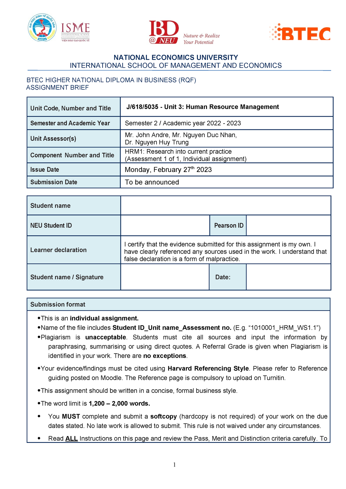 2022-2023 Spring HRM Assessment Brief - Thực Hành Tổng Hợp Tiếng Anh ...