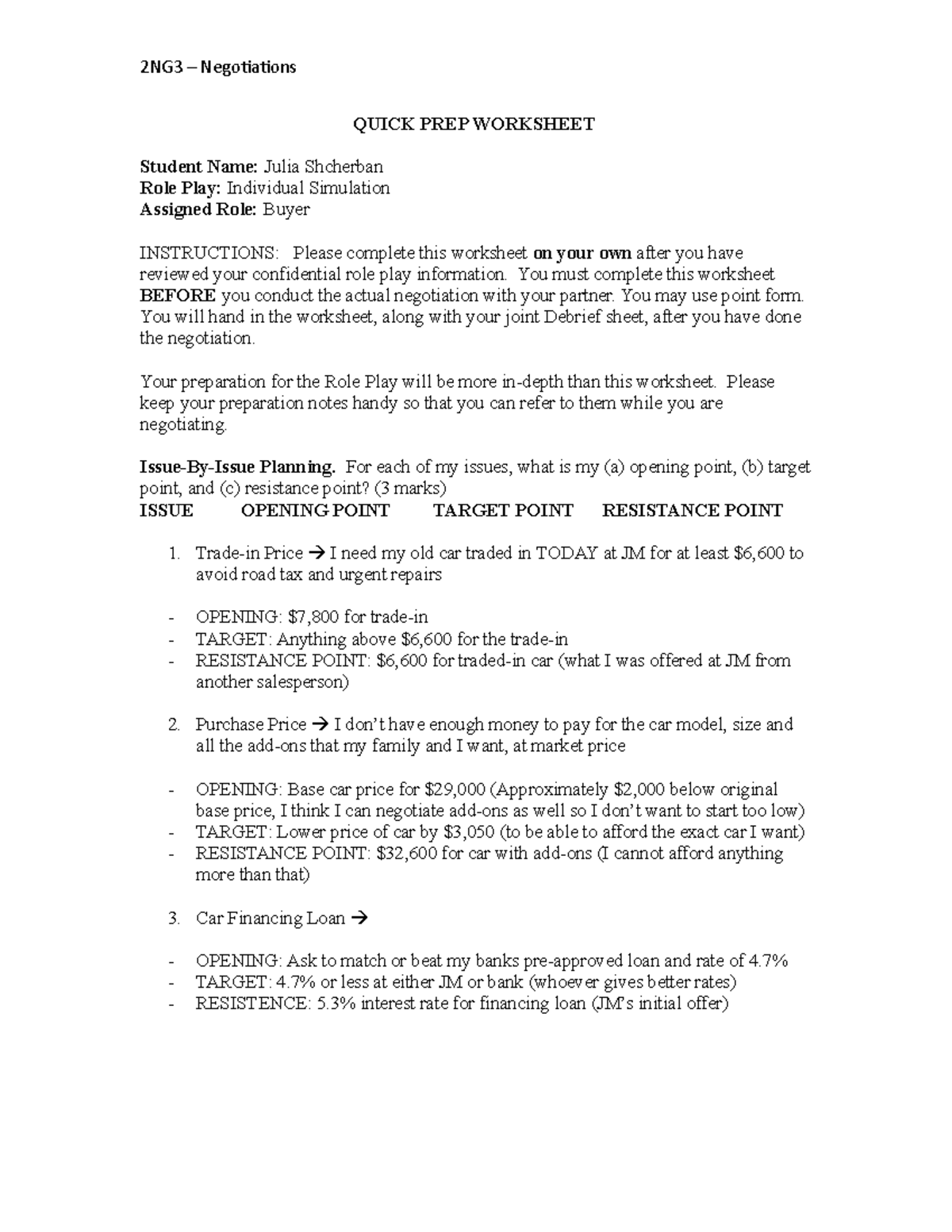 2NG3 Individual Simulation Quick PREP SHEEt 2NG3 Negotiations QUICK PREP WORKSHEET Student