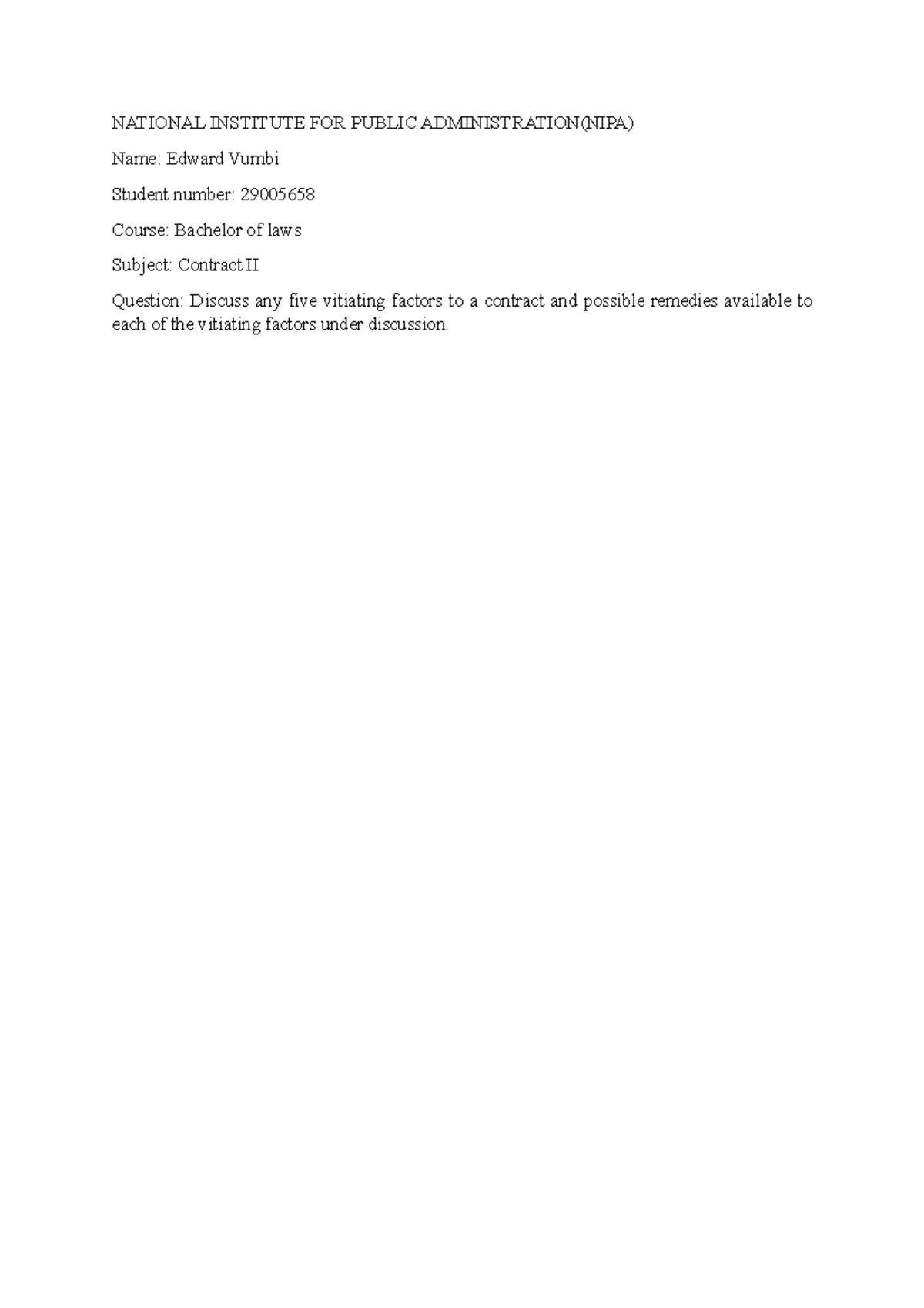 Contract II assignment one (Auto Recovered) NATIONAL INSTITUTE FOR