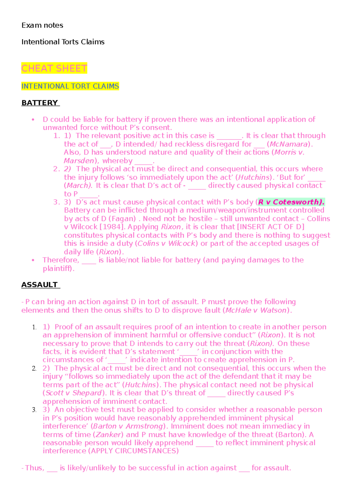 Torts summarised Exam notes - Exam notes Intentional Torts Claims CHEAT ...