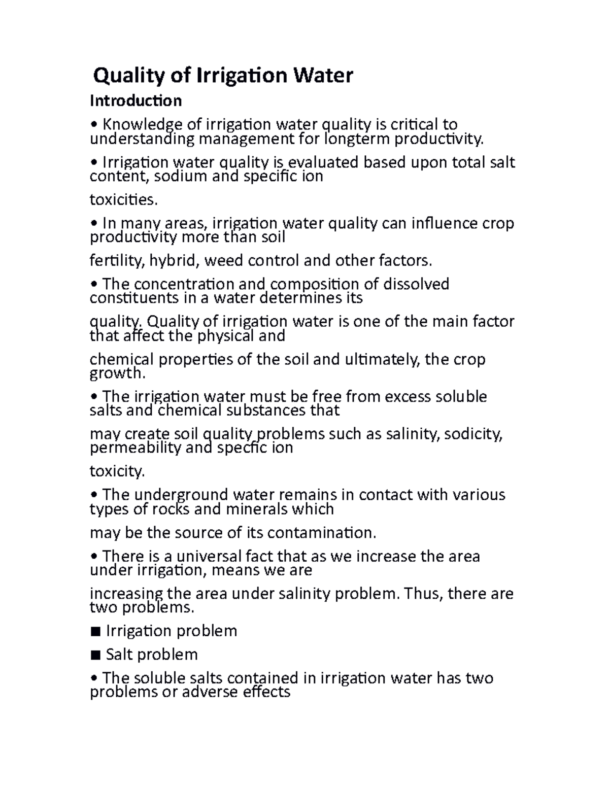 Quality of Irrigation Water - Quality of Irrigation Water Introduction ...