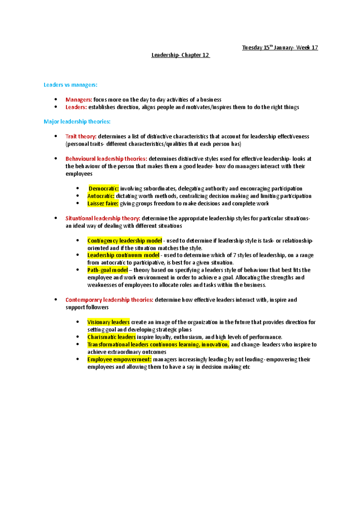 Week 17- Leadership - Lecture notes 17 - Tuesday 15 th January- Week 17 ...