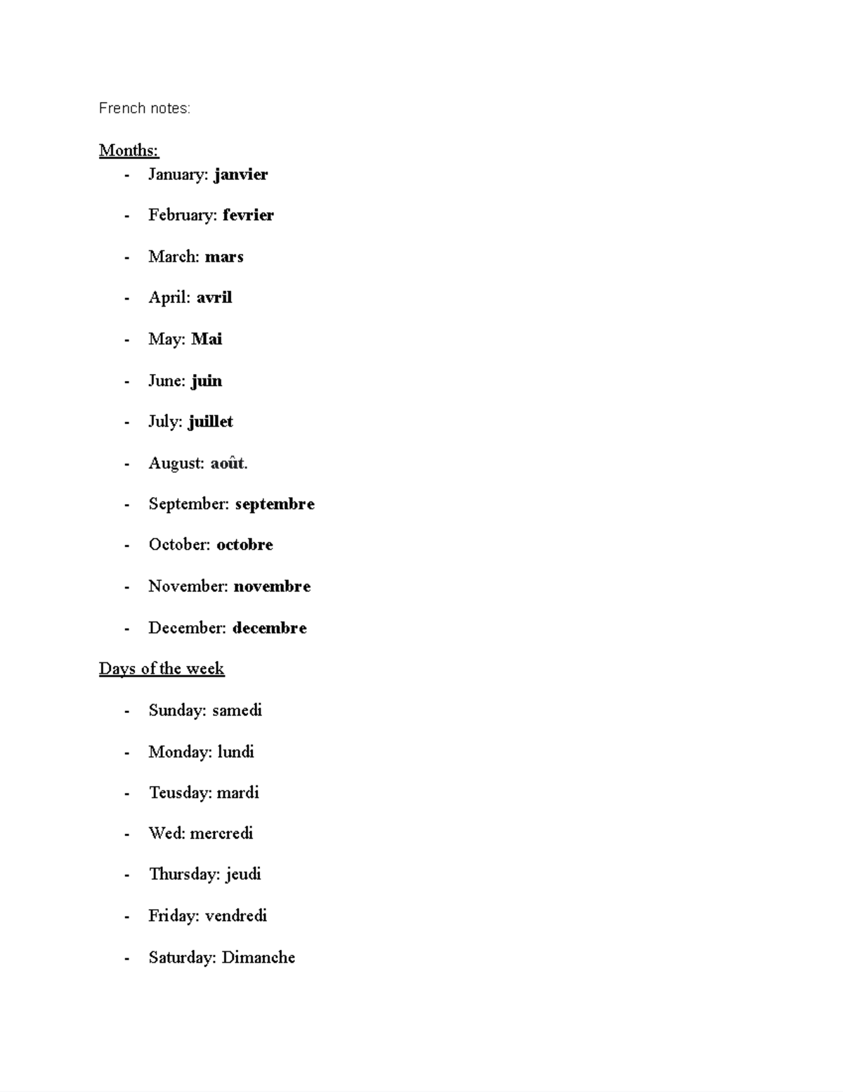 French begining notes - Google Docs - French notes: Months: - January ...