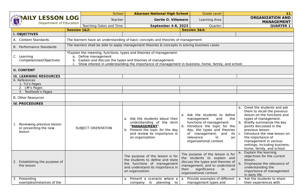 OM Q1 WEEK1 - Sample Of DLL - DAILY LESSON LOG Department Of Education ...