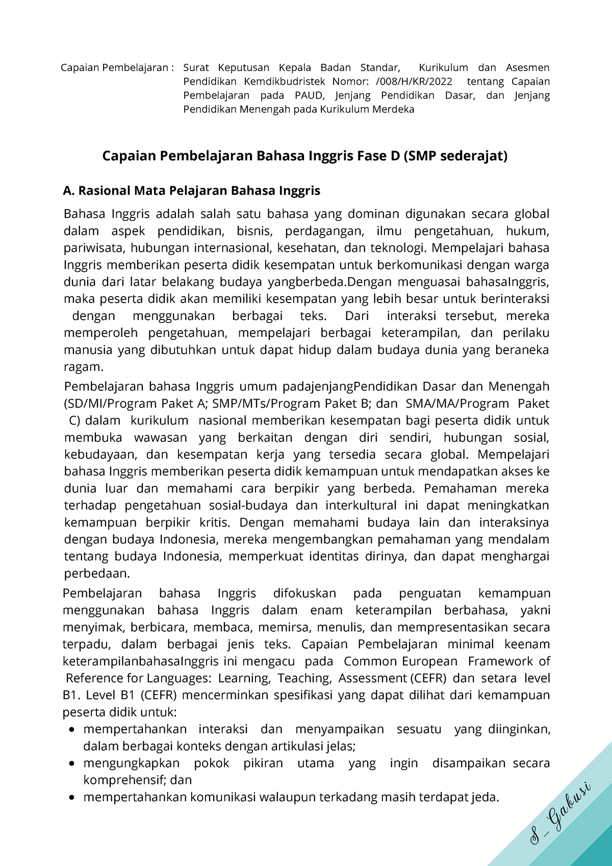 CP-B - Capaian Pembelajaran Bahasa Inggris - Capaian Pembelajaran ...