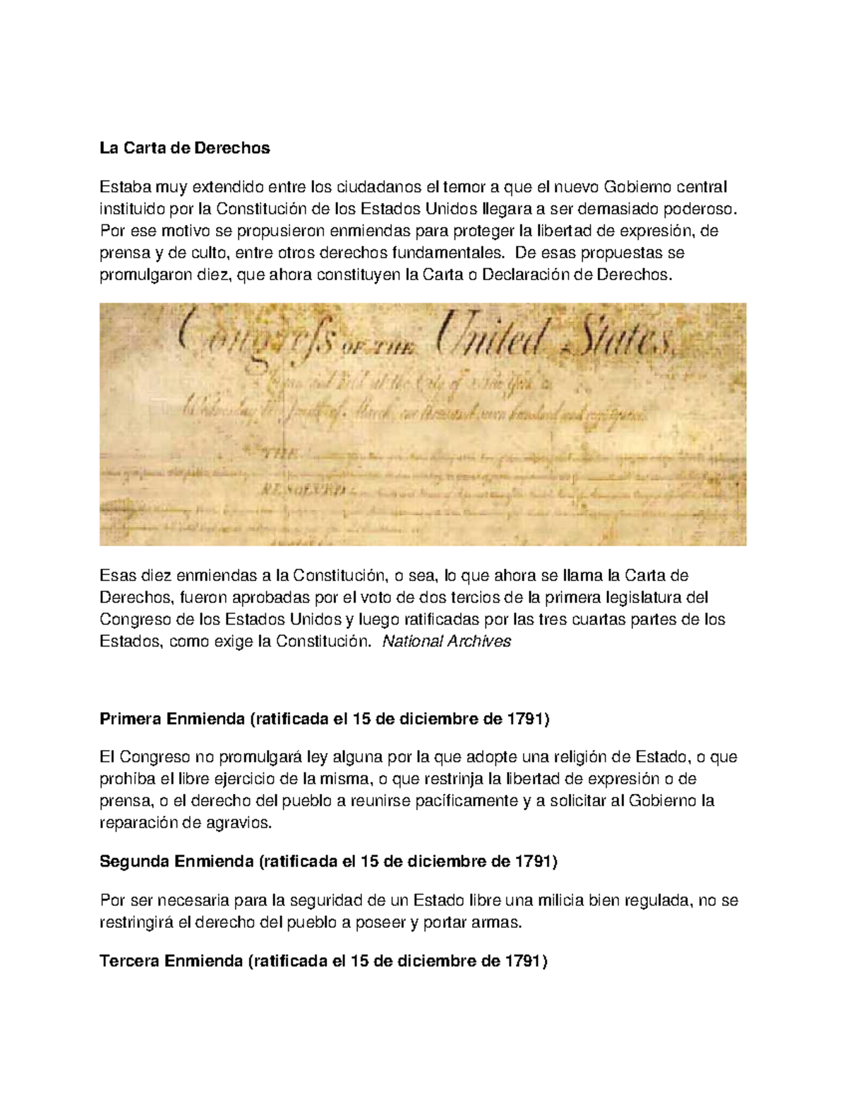 Carta de Derechos de los Estados Unidos La Carta de Derechos Estaba